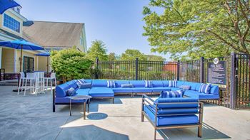 Outdoor patio and grills with blue couches and umbrellas at Windsor Ridge at Westborough, Westborough, MA